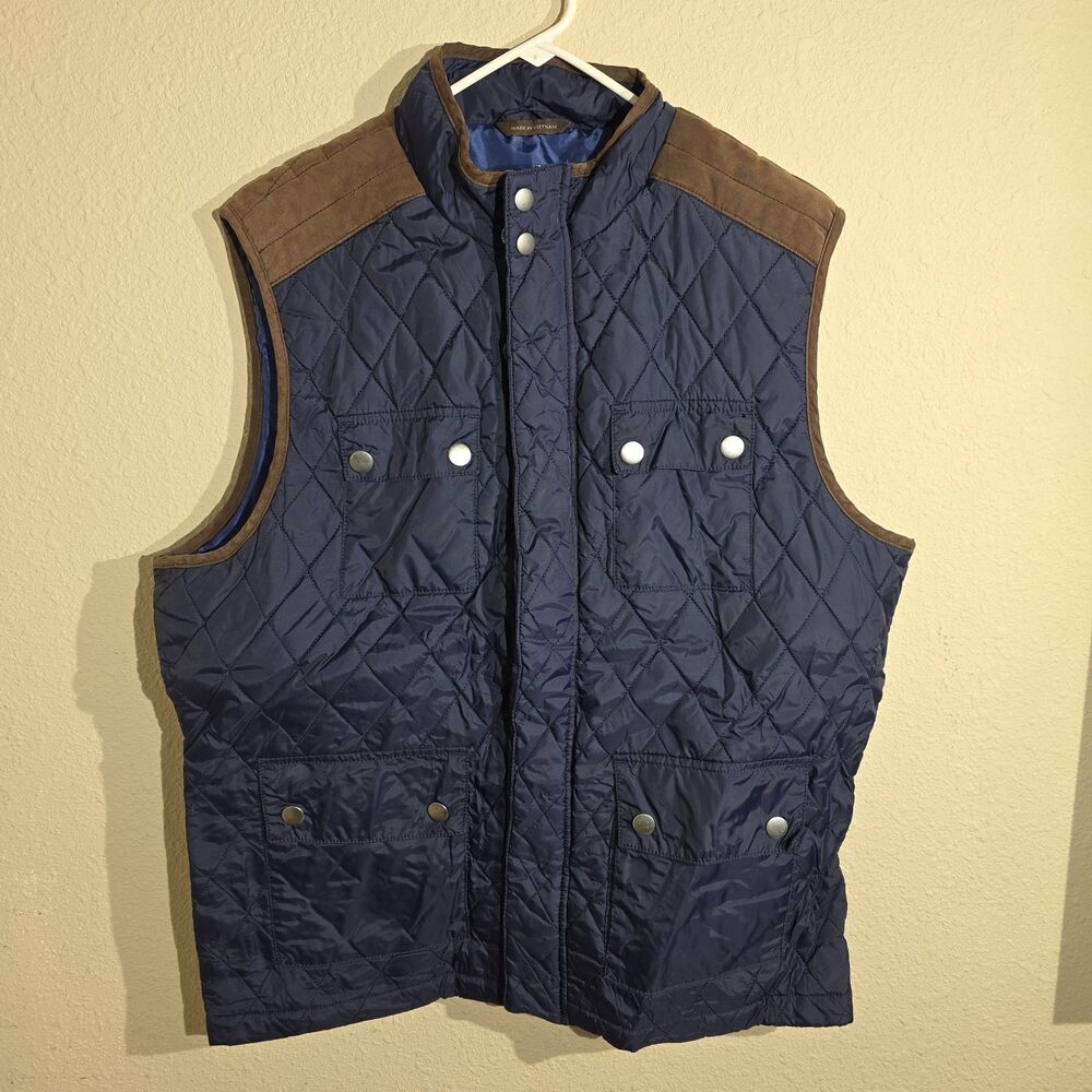 Tasso Elba Quilted men’s Sz L Nav & Brown patch Vest With Snap Pockets Zip up